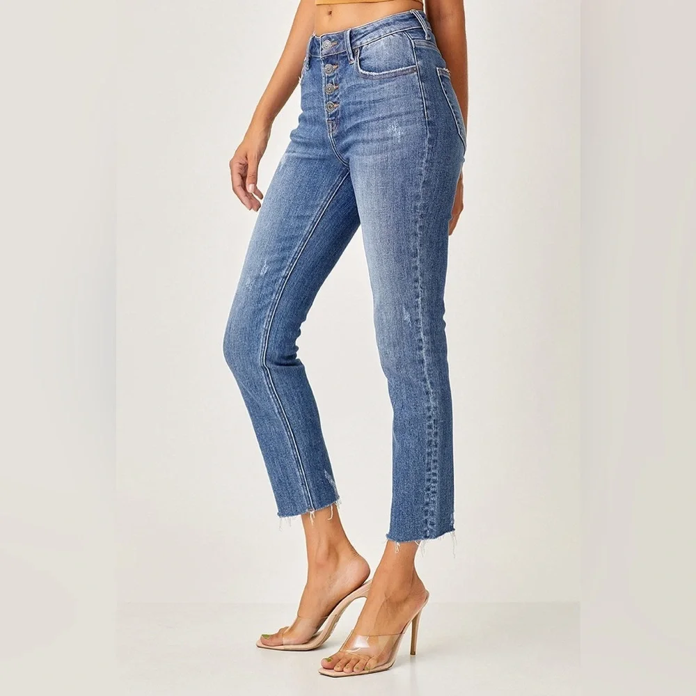 Risen Betty High Rise Button Fly Raw Hem Skinny Straight Leg Jeans Size 3 - Picture 2 of 12